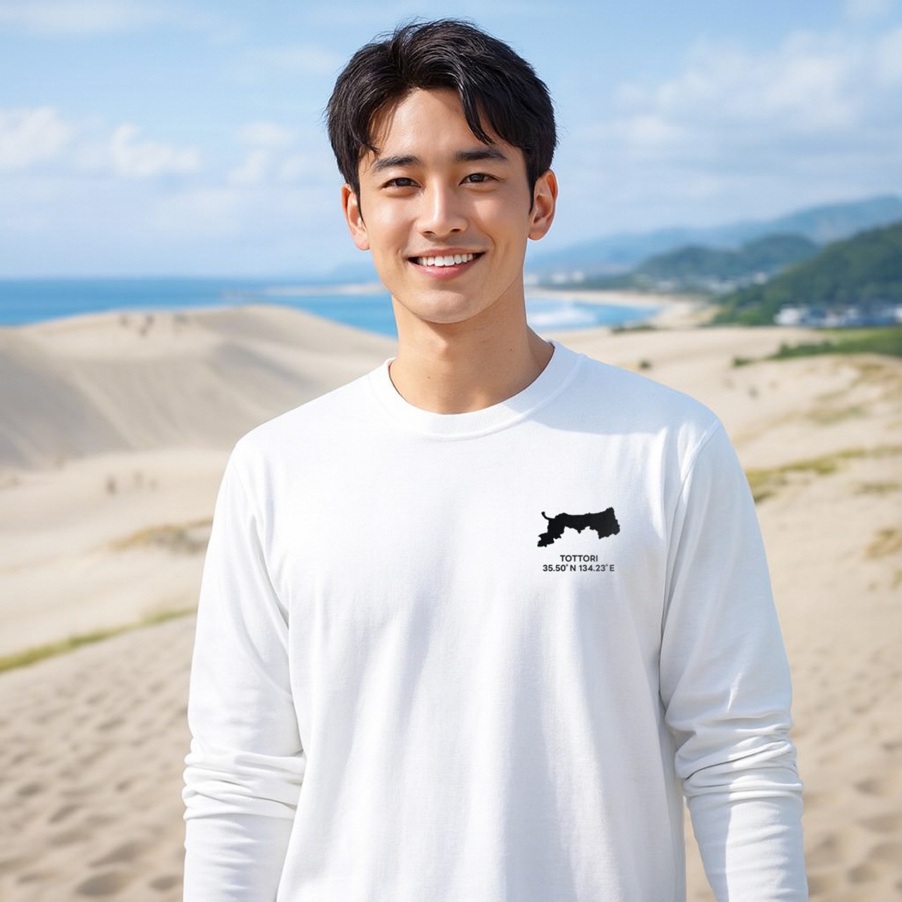 《鳥取》 緯度経度ミニマルロングスリーブTシャツ|地図×地名×ワンポイントデザイン