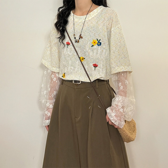 UATONLINE透け感レースと刺繍の切り替え長袖Tシャツ