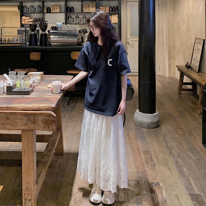 set】Tシャツ×レーススカートセット M24829 | nanastyle