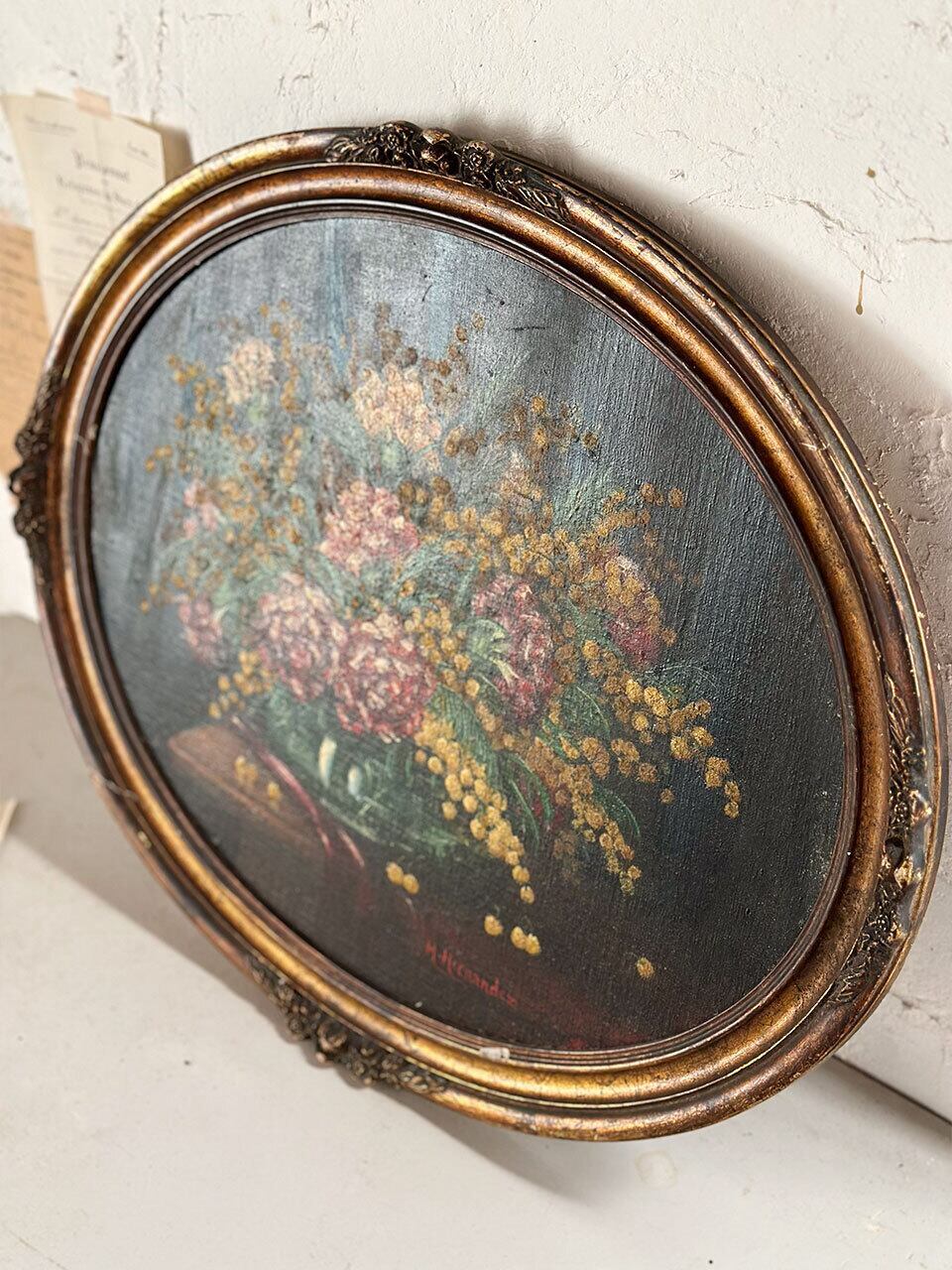 ミモザとカーネーションの油絵 額装 アート | Brocante de La Cocotte