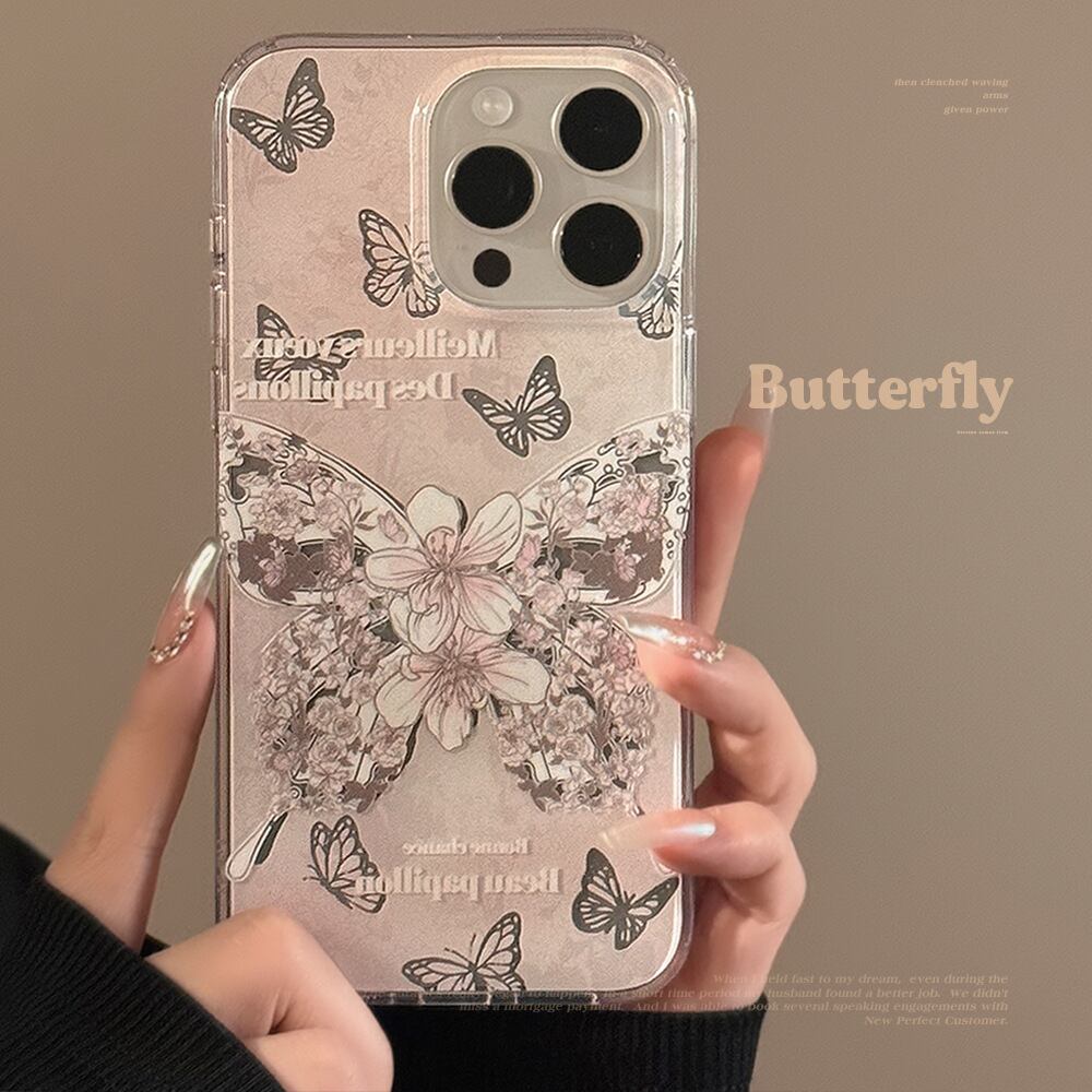 iPhone15対応】品よく華やぐバタフライ◎ 美しい 蝶々×バラ ビーズ