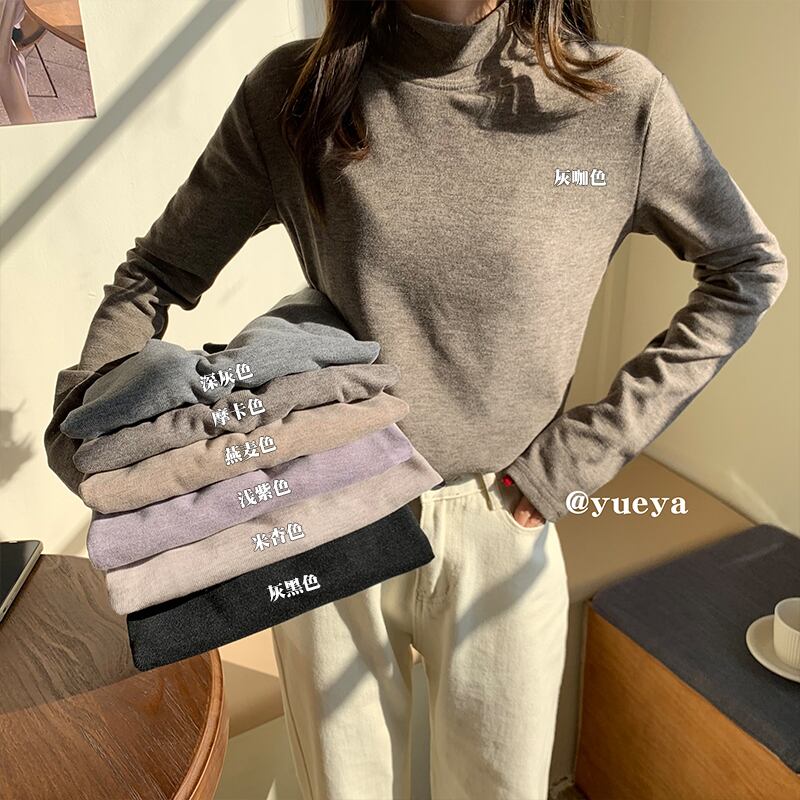 クレセントシティのハーフハイカラーのボトミングシャツの女性、秋冬、ウエスタンスタイルのワイルドプラスベルベットの厚手の無地の長袖Tシャツ クレセントシティ78632062482