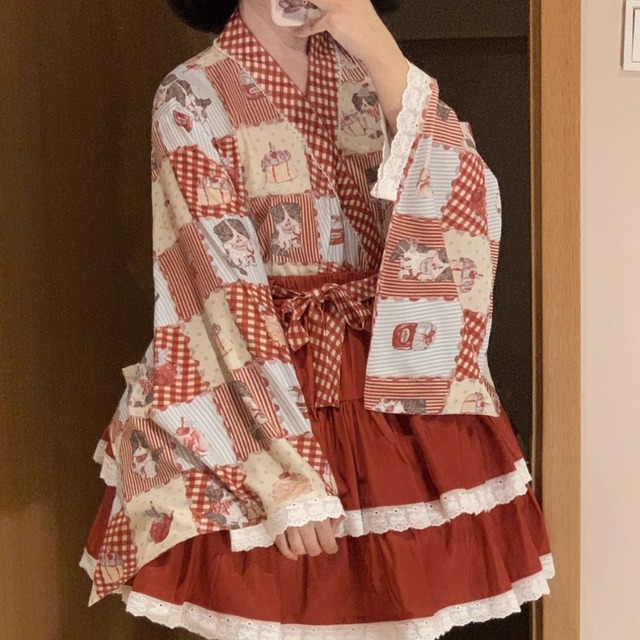 ゴスロリファッション 通販 With U 和ロリ メイド服 3点セット エプロン ブラウス スカート ベビードール 原宿系 地雷系 ガーリー 和装 着物