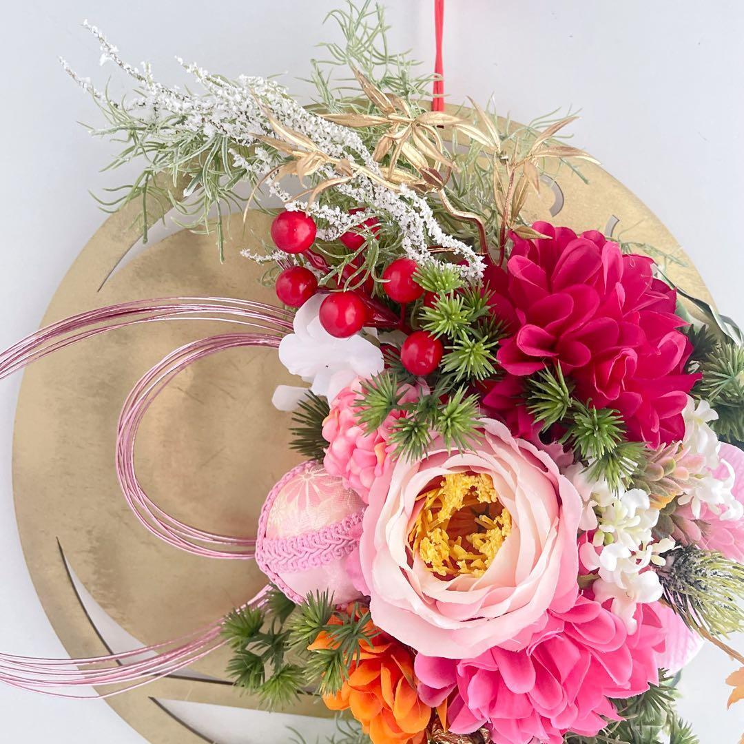 新年を彩る ピンクのしめ縄リース 正月飾り 造花 しめ縄飾り しめ飾り