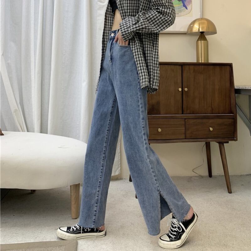 ジーンズレディースパンツハイウエストストレートレッグスリミング2020新夏ワイドレッグパンツドレープオールマッチスプリットパンツ 1号婦人6247117281