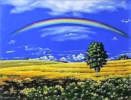 里中游「花畑の虹」油彩画 額縁外寸57.0x48.0㎝ 絵41.0x31.8㎝ 張