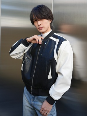 【ALUDE】color block sleeves leather blouson