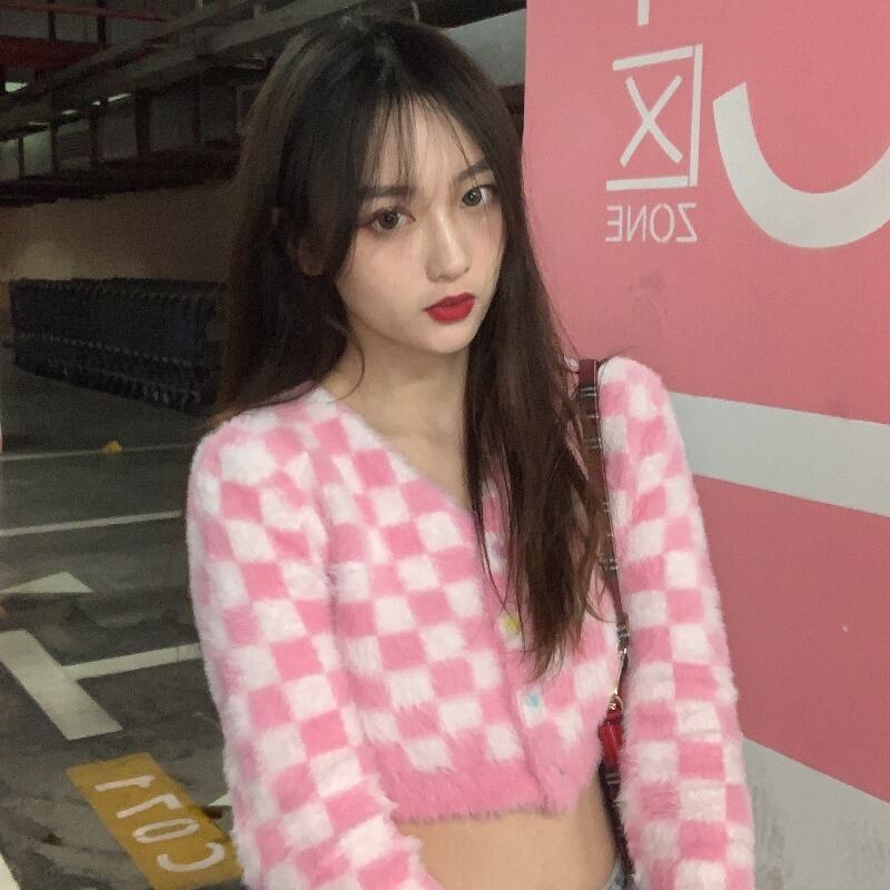 格子柄ショートセーター スプリングスタイルニットカーディガンジャケット ピンク 春物 YY-ファッション54044087029