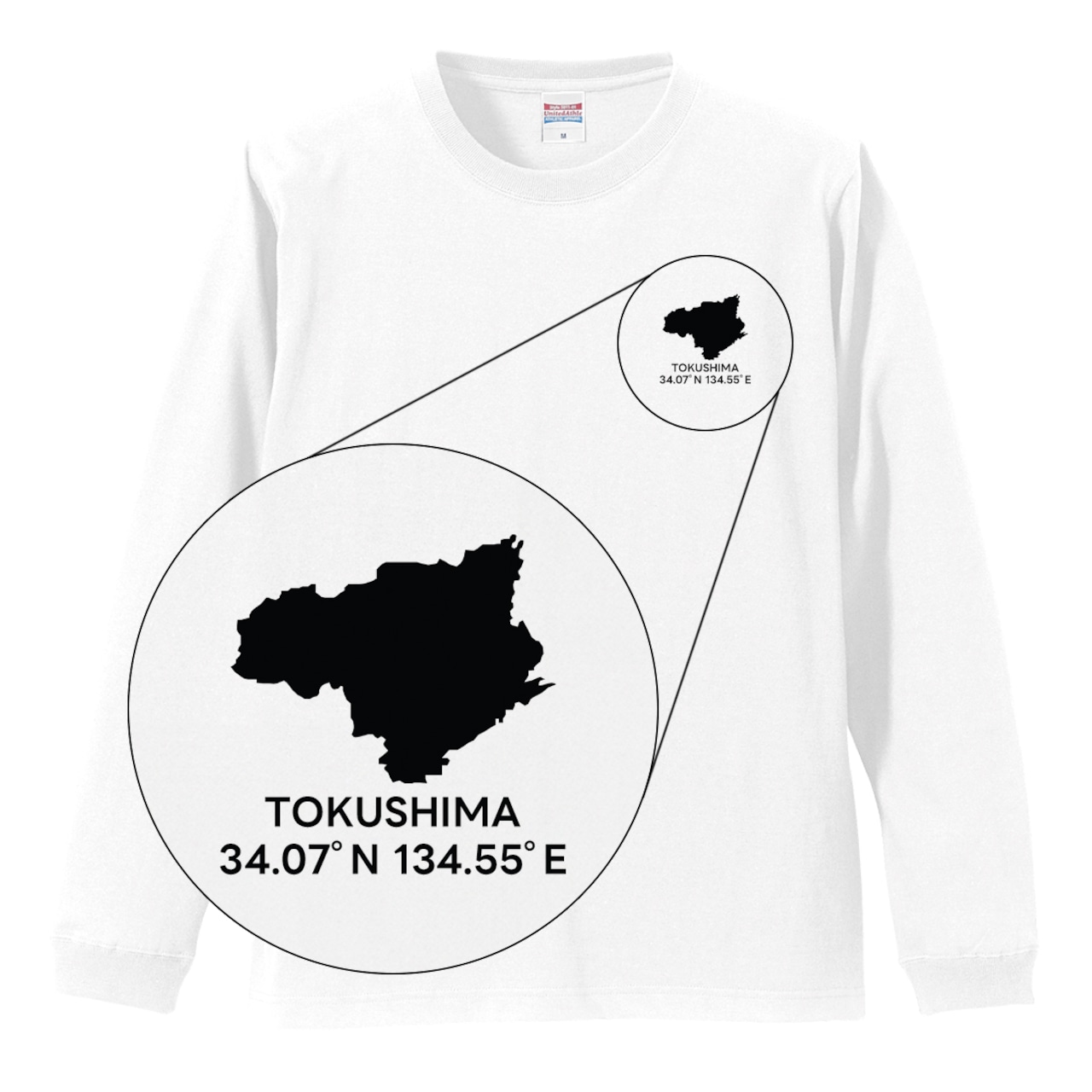 《徳島》 緯度経度ミニマルロングスリーブTシャツ|地図×地名×ワンポイントデザイン