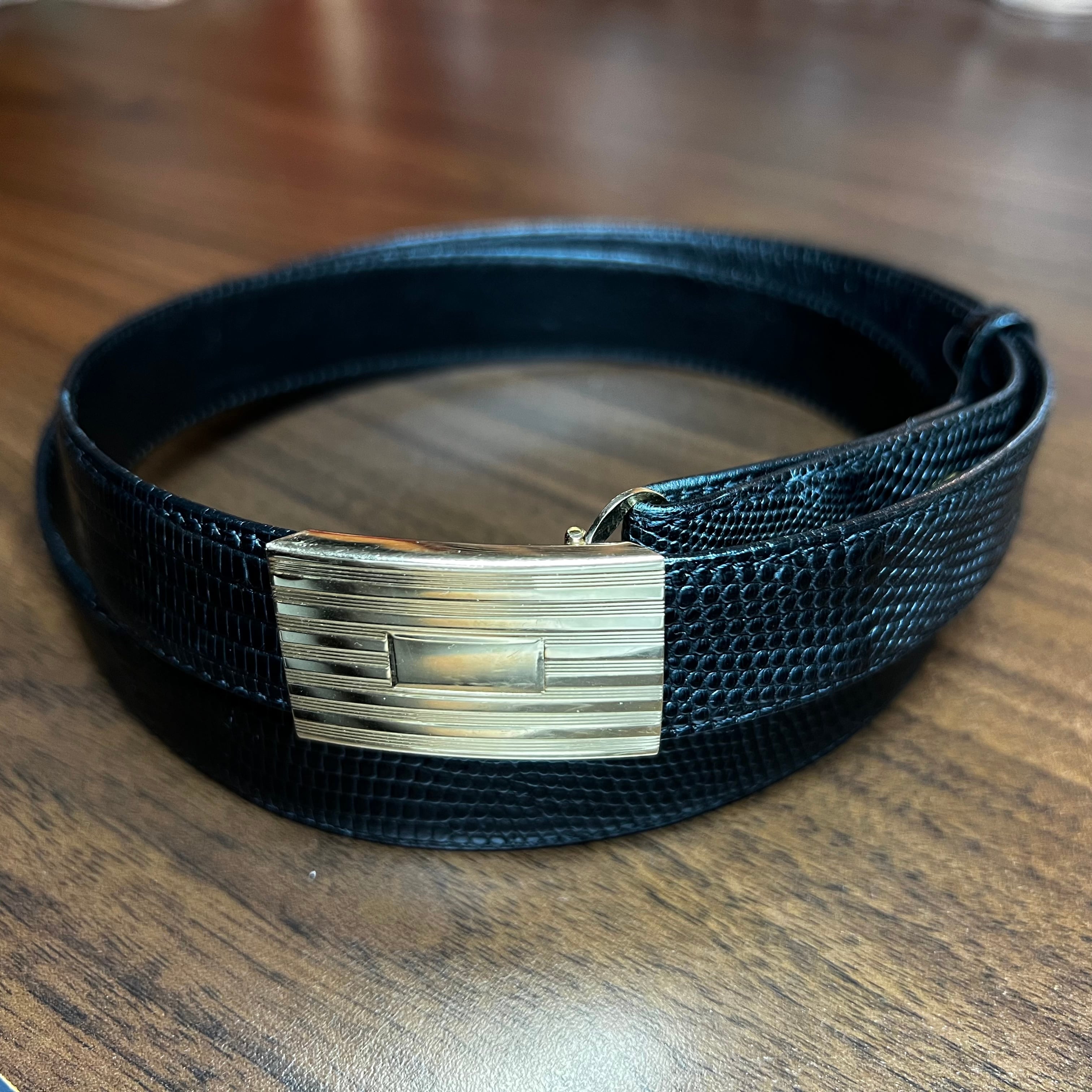 VINTAGE TIFFANY & CO. 14K Gold Engine Turned Slide Buckle / Black Lizard  Belt 44” | ヴィンテージ ティファニー 14K ゴールド エンジンターン スライド バックル / ブラック リザード ベルト 44インチ |  ...