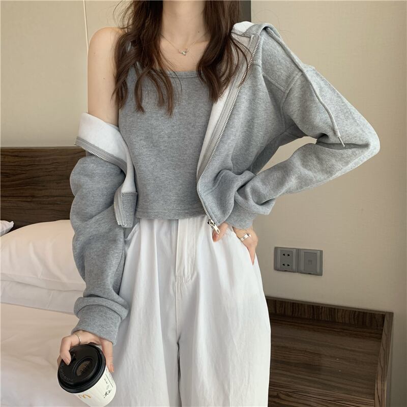 スプリングオータムセーター フードジッパーショートルーズトップス ロング 春物 秋物 1号婦人38224115941