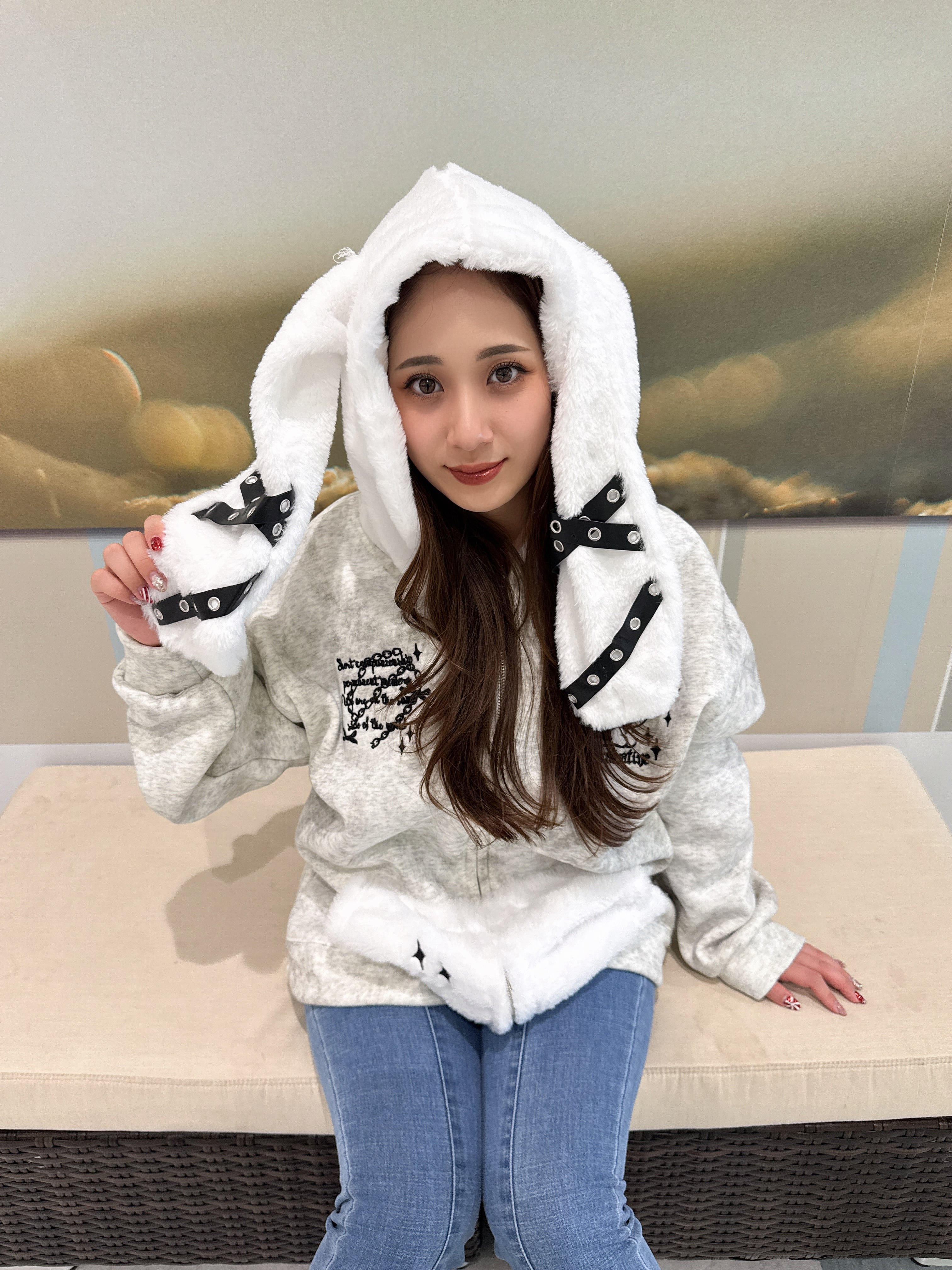 うさ耳ベルトフードパーカー サブカル 地雷 ストリート | 韓国系ユニ