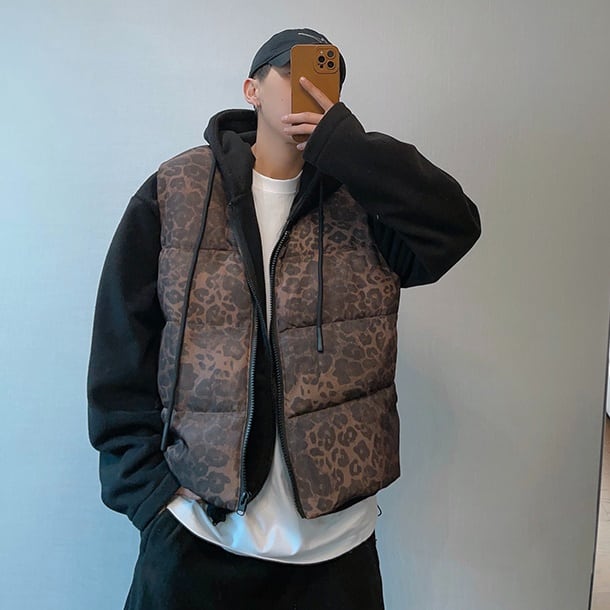 予約販売】ダウンベスト アウター ジップアップ アニマル柄 ヒョウ柄