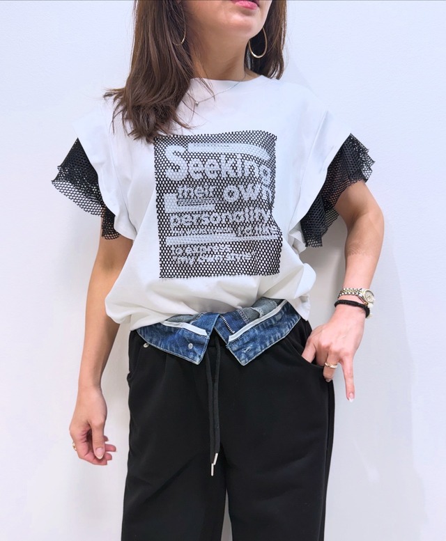 ミカーレミカーレ MICALLEMICALLE メッシュ使いロゴTシャツ