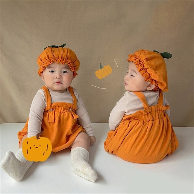 （2点）BABY ハロウィン かぼちゃ キッズ 帽子付き 66 73 80 90 撮影 コスプレ ロンパース78180620