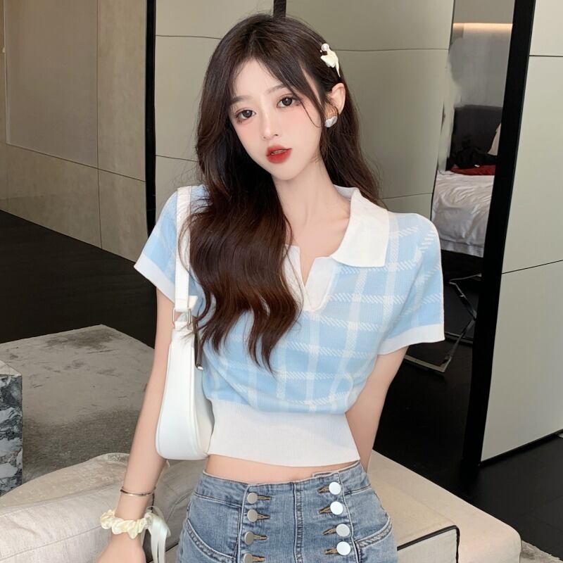 スタンダード格子柄カラー半袖スリーブスリムニットセーター トップス レディース ショート レトロ ハーフスリーブ ハンチェンe74596957577
