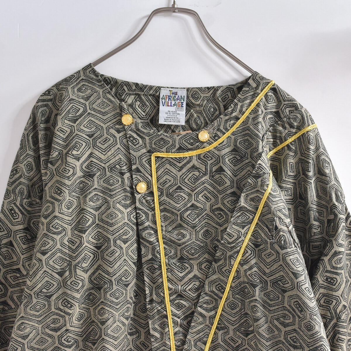 90s THE AFRICAN VILLAGE アフリカン・ヴィレッジ バティック柄 半端丈 プルオーバー ロングシャツ エスニック ビンテージ ユニセックス メンズL相当