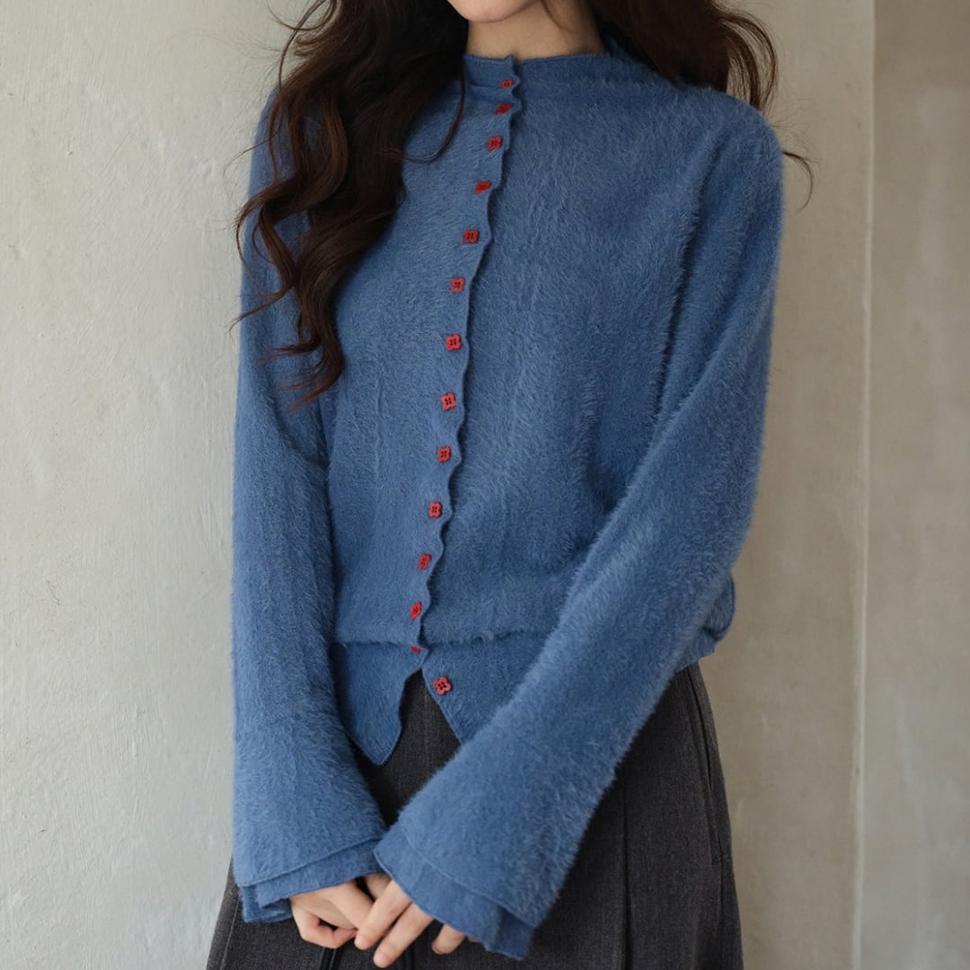 ruffle neck striped knit cardigan