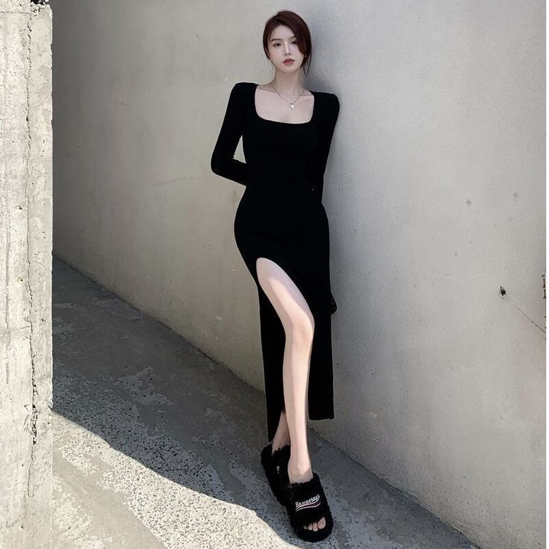 【新作】【送料無料】 フレンチレトロUネックロング半袖ドレス春と夏のウエストを締める純粋な欲望のスリットホットガールヒップカバーボトリングミッドレングススカート 0260054459428