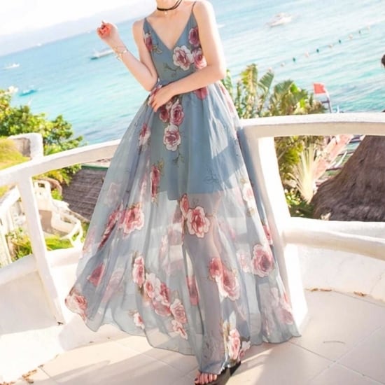 リゾートドレス ロング丈 マキシ キャミワンピース オープンバック 花 