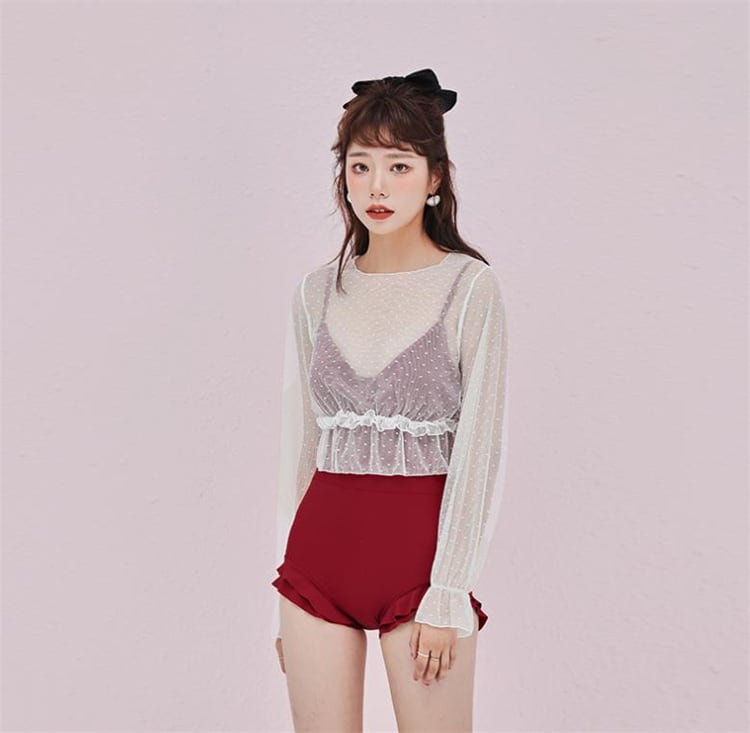 大人カジュアル 保守的 新品 温泉 水着 フラットアングル セット 長袖 ブラウス