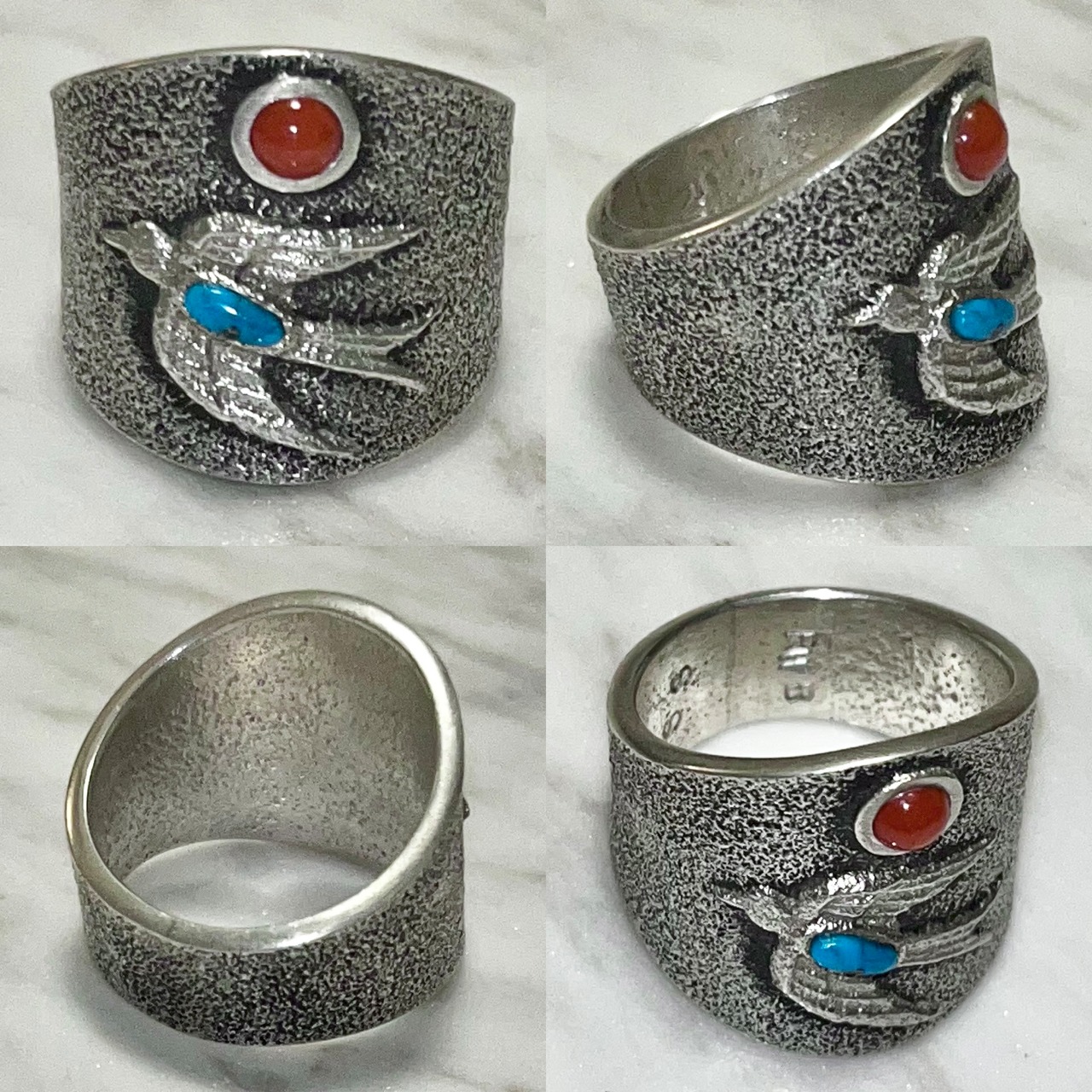 Robert Begay turquoise&coral swallow tufa cast silver ring