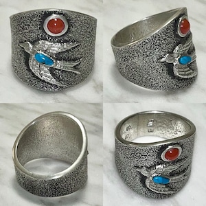 Robert Begay turquoise&coral swallow tufa cast silver ring