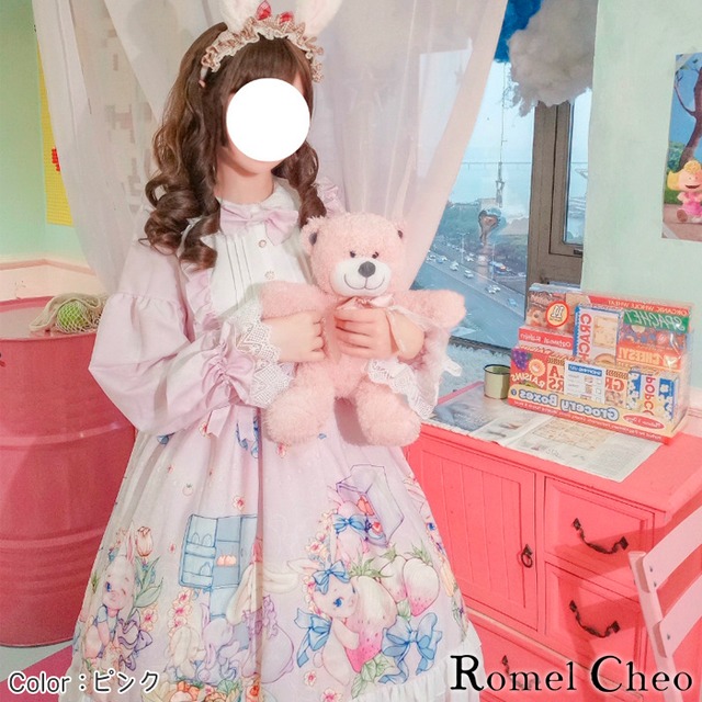 お支払い確認後日以内発送 Romelcheo ヘッドドレス付き ラビット フルーツ ワンピース うさぎ柄 フルーツ柄 リボン 長袖 膝丈 パステルカラー 甘ロリ メルヘン 大人可愛い ゆめかわ ガーリー ロリータ スイート系 ファッション ロメルチェオ Romelcheo