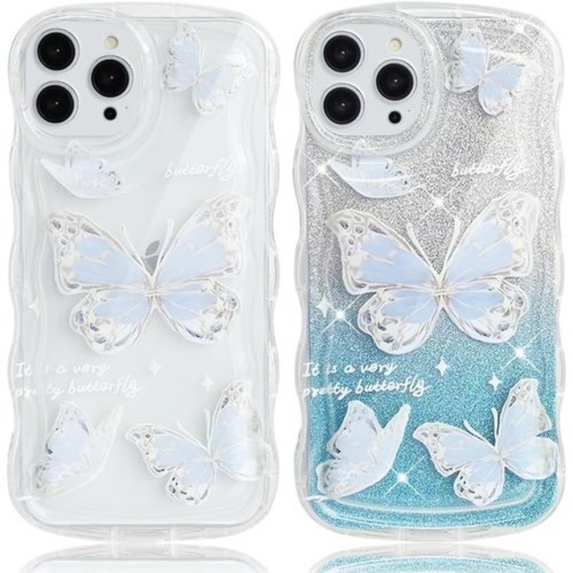 JOOBOY スマホケース 対応 iPhone 12 Pro Max ケース クリア 透明 キラキラ 蝶々 波型 かわいい tpu ソフト 薄型 軽量 女性人気 キャラクター 衝撃吸収 指紋防止 ストラップホール付き 対応 アイフォン12プロマックス 携帯ケース ブルー&蝶 12Pro Max 66