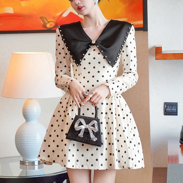 【夕暮薔薇シリーズ】ワンピース ドット柄 長袖 ラウンドカラー ラインストーン S M L XL