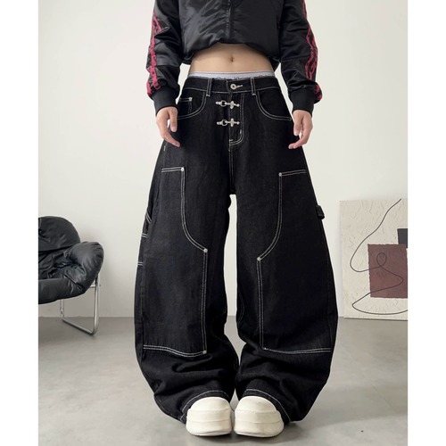 ツインバックルステッチボリュームカーブデニムパンツ 1col R02812
