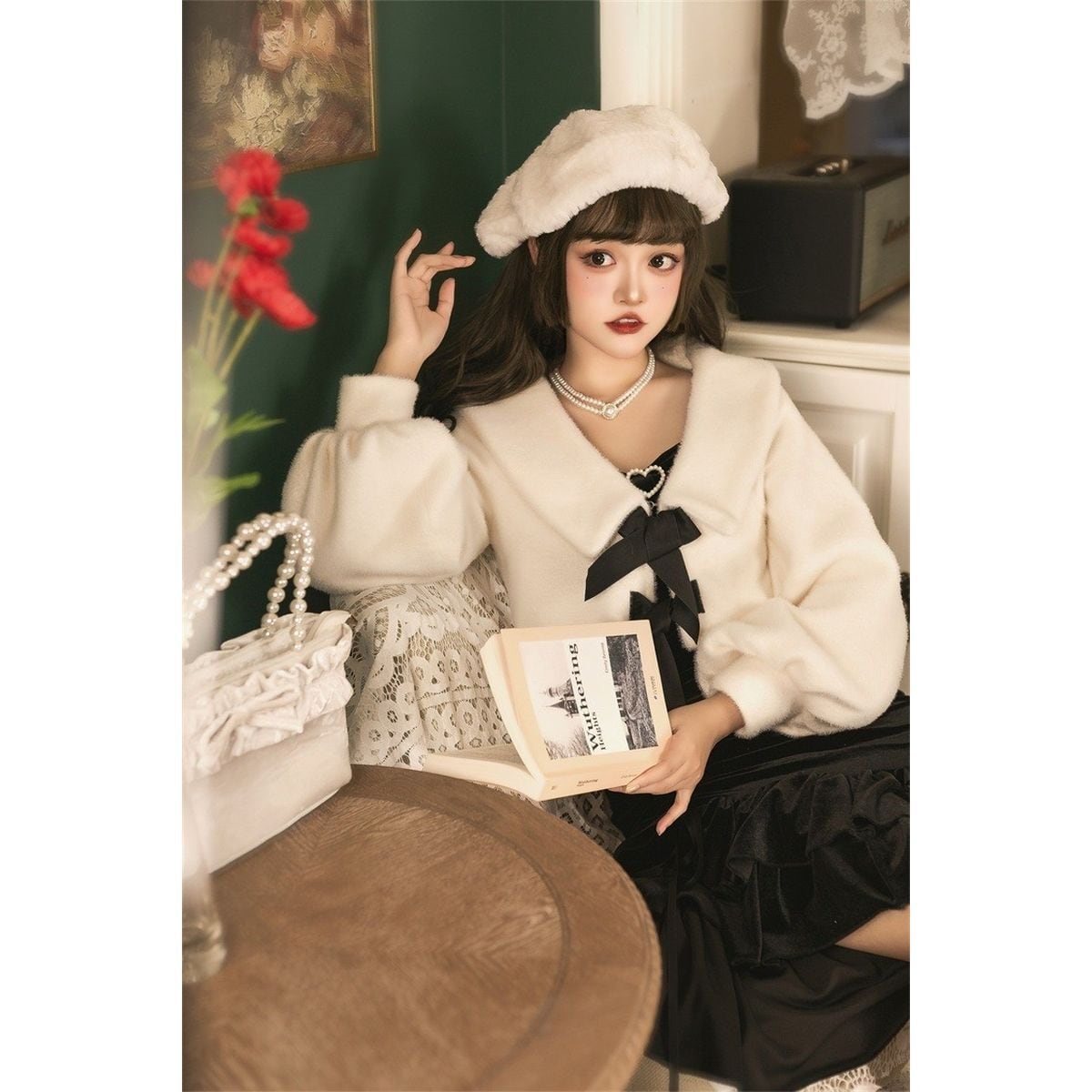 フレンチガーリーフィッシュテールスカートベルベットセットアップ