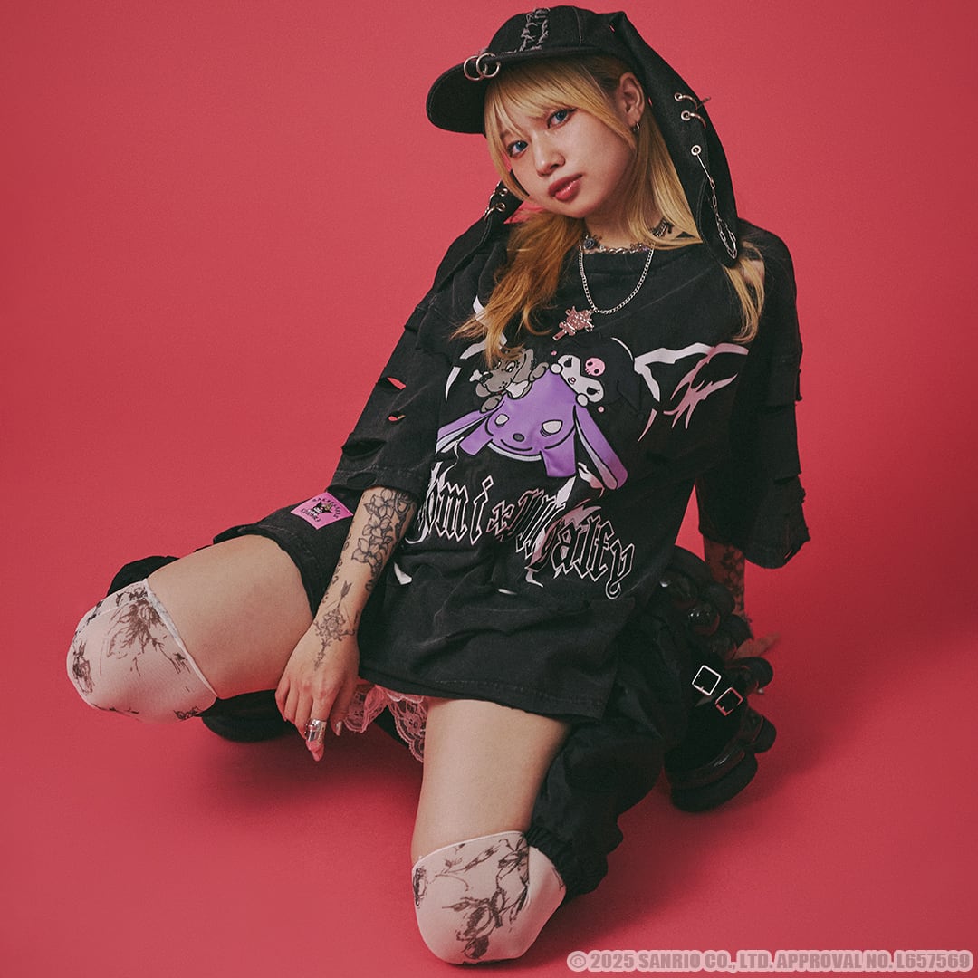 【GALFY✖︎クロミちゃんコラボ】   イルガルフィーボロボロ半袖 Tee （ピグメントブラック）152058 ガルフィー カットソー Tシャツ ストリート ブランド メンズ レディース ユニセックス