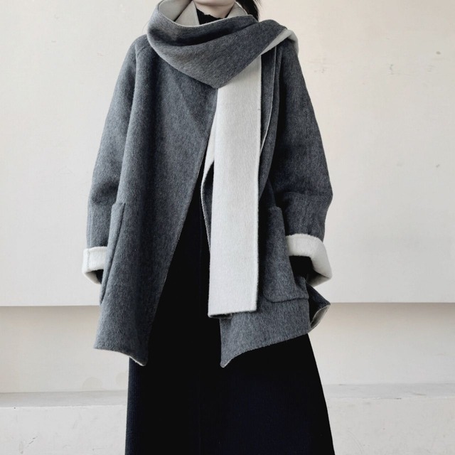 Loose collarless coat and muffler set【2color】 C0868
