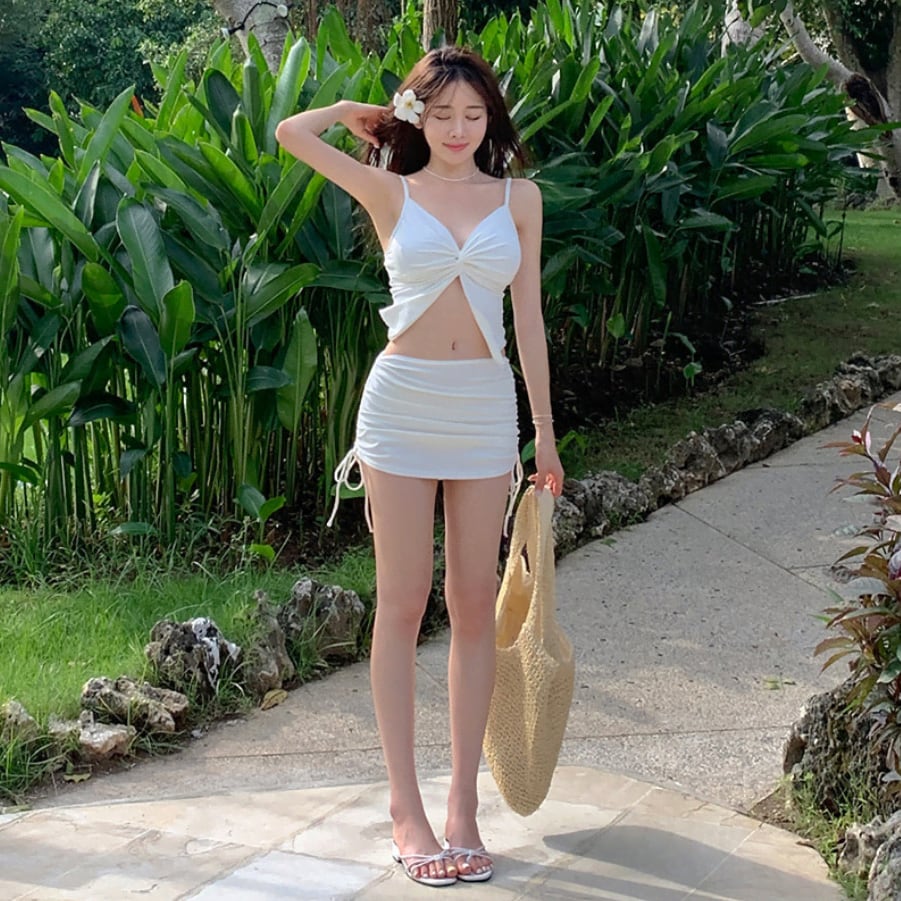 【3点セット】水着 ビキニ 韓国風 スカート付き ドローストリング ハイウエスト 温泉 リゾート ビーチ JC7-CF-SNM57092