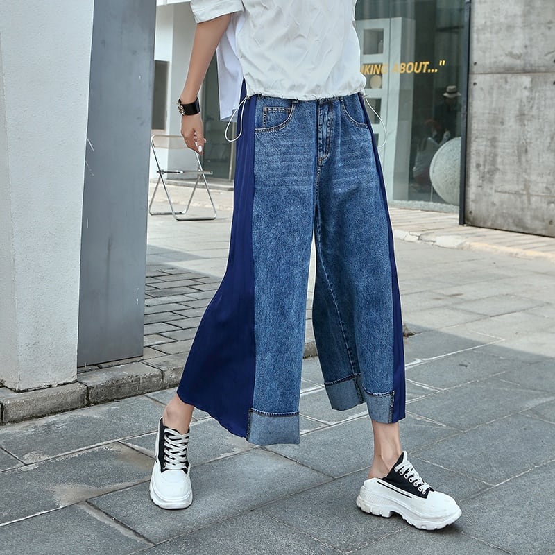 BLUE DENIM STITCH PLEATED SIDE WIDE LEG CROPPED PANTS 2colors M-6897