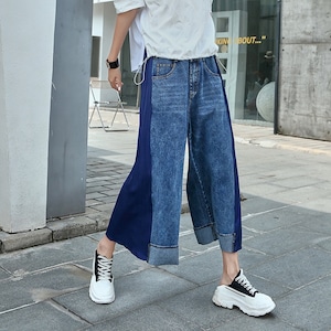 BLUE DENIM STITCH PLEATED SIDE WIDE LEG CROPPED PANTS 2colors M-6897