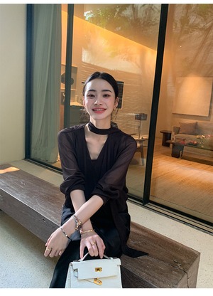 V-neck chiffon shirt camisole withTied Ribbon Set up【H00078】