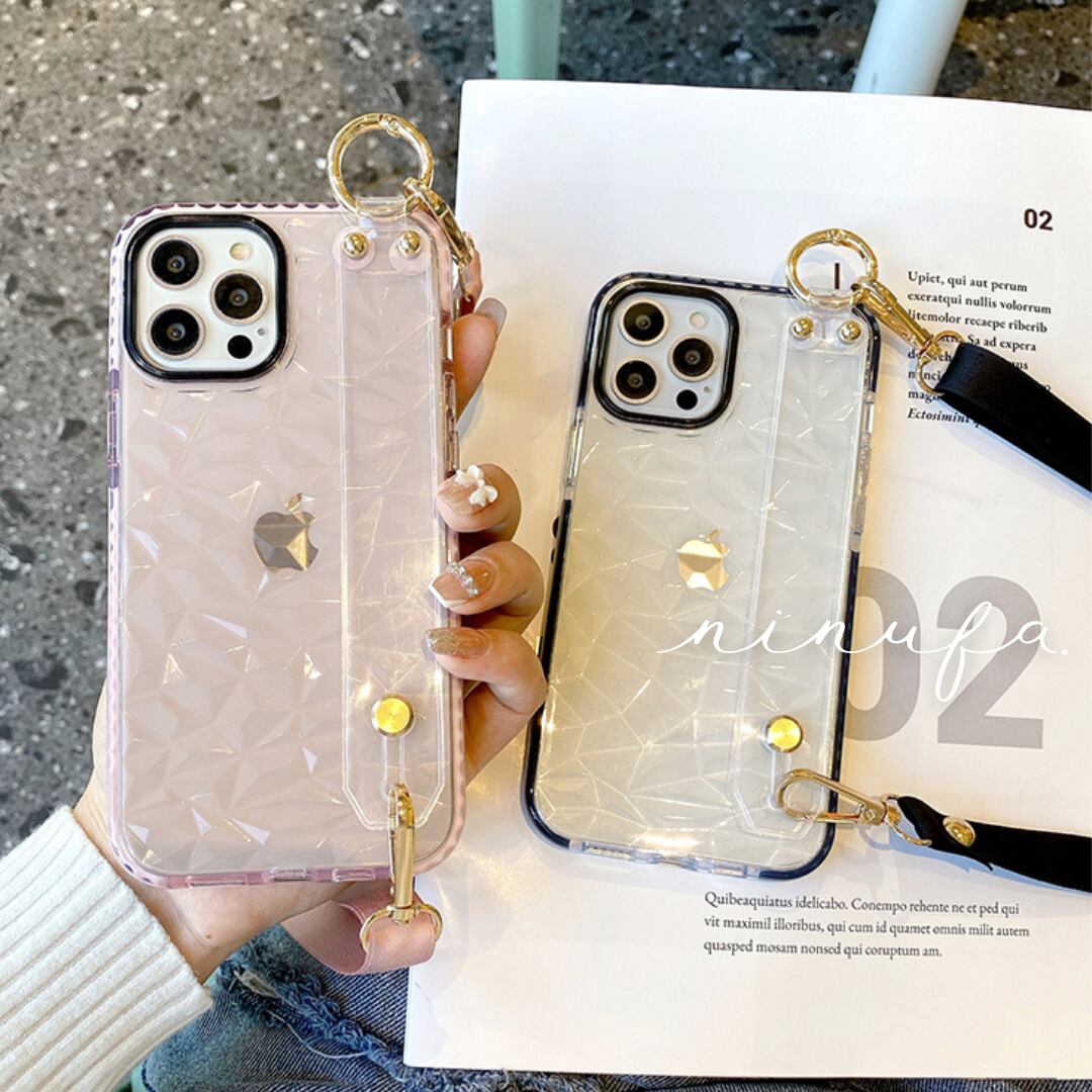 人気スマホショルダー◎アンティーク デザインガラス風 クリアケース 落下防止 保護 ベルト スマホスタンド iphone14 スマホケース 3color ND-14676