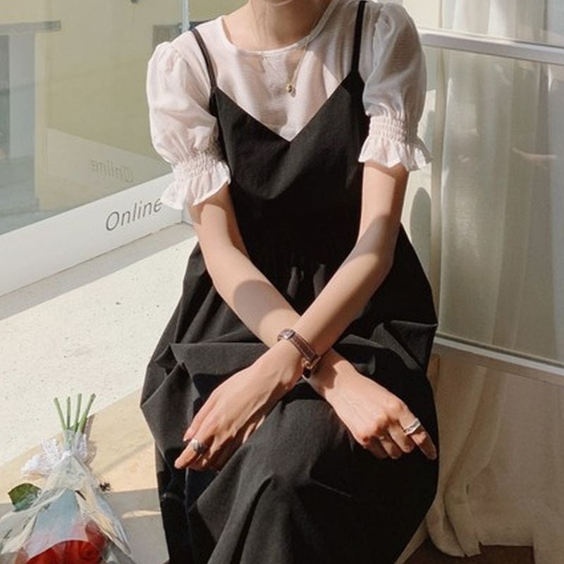 (2点セット)バックリボンキャミワンピース+パフスリーブシースルートップス L0934