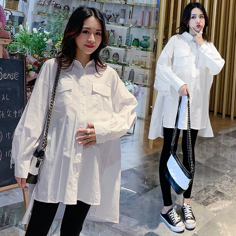 【新作】【送料無料】 1965＃マタニティ服ホワイトターンダウンカラー春秋コットン長袖ルーズスタイリッシュシャツ妊娠中のドレス ロング スプリング 春物 オータム 秋物 AL expec373219012114