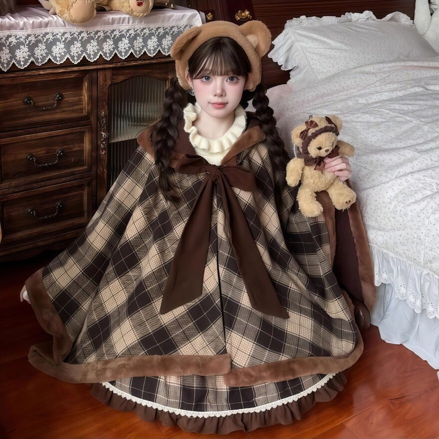 小さな探偵 チェック柄 3点セット クラロリ リボン キャラメルココア
