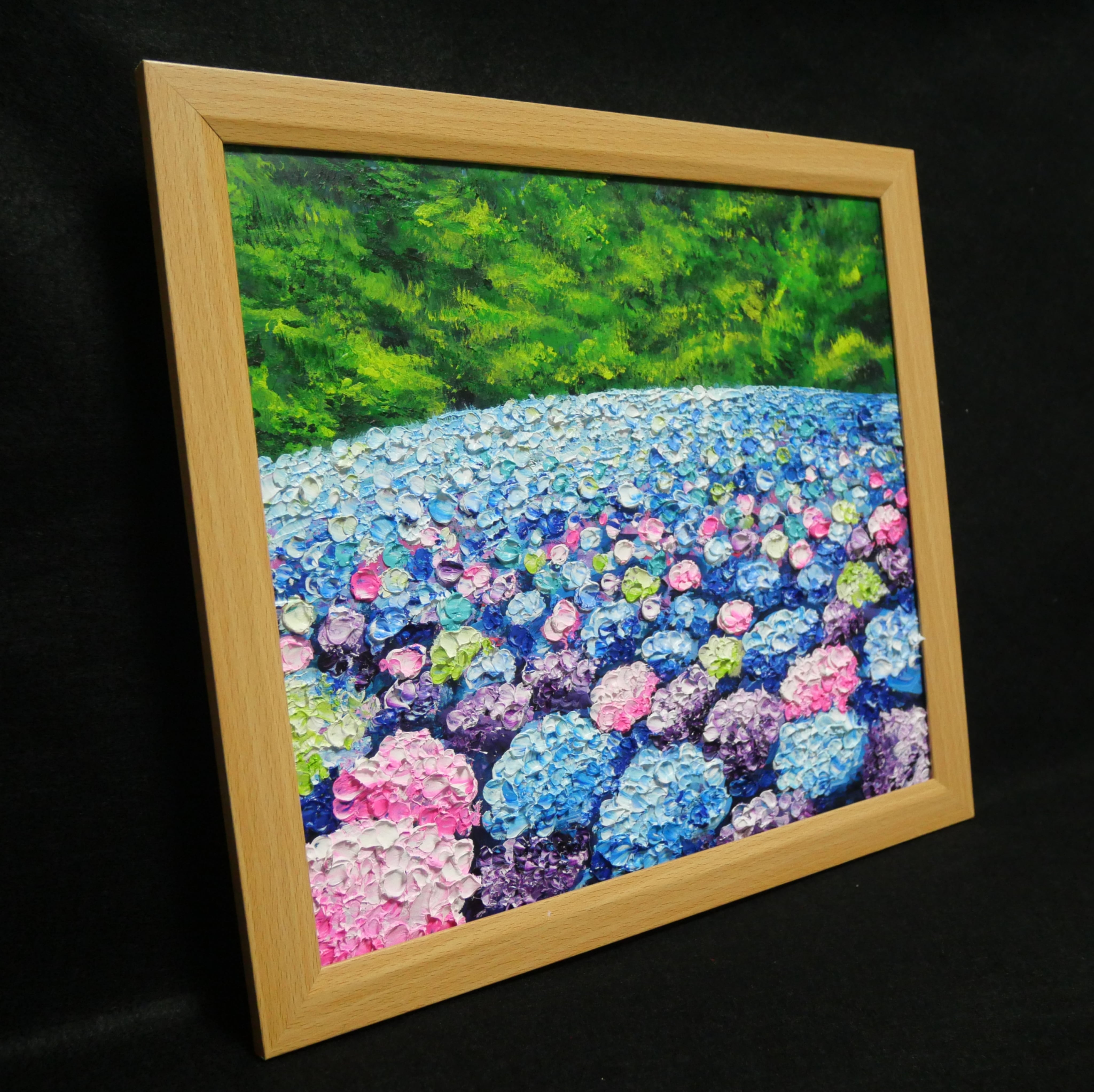 油絵　油彩画　あじさい　アジサイ　紫陽花　額縁入り　肉筆サインあり 油絵 原画】雨雫が奏でる色彩のワルツ｜紫陽花 あじさい アジサイ 梅雨