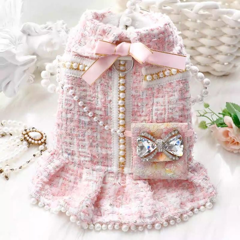 ポシェット付ピンクツイードのワンピース 犬服 00988