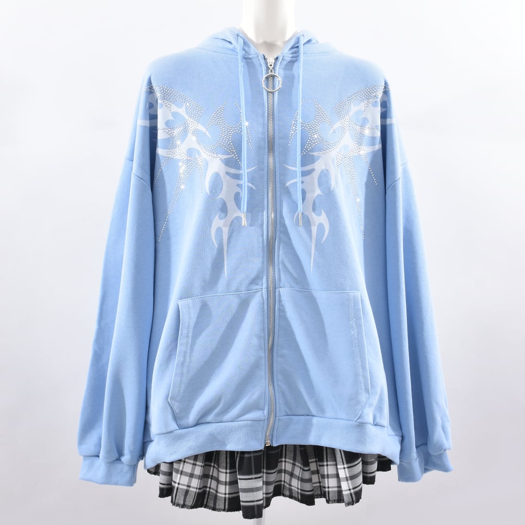 【早い者勝ち】STONE  水色 フード付きパーカー 7/10 完売→再入荷！】30%OFF☆ラインストーン トライバルZIPパーカー