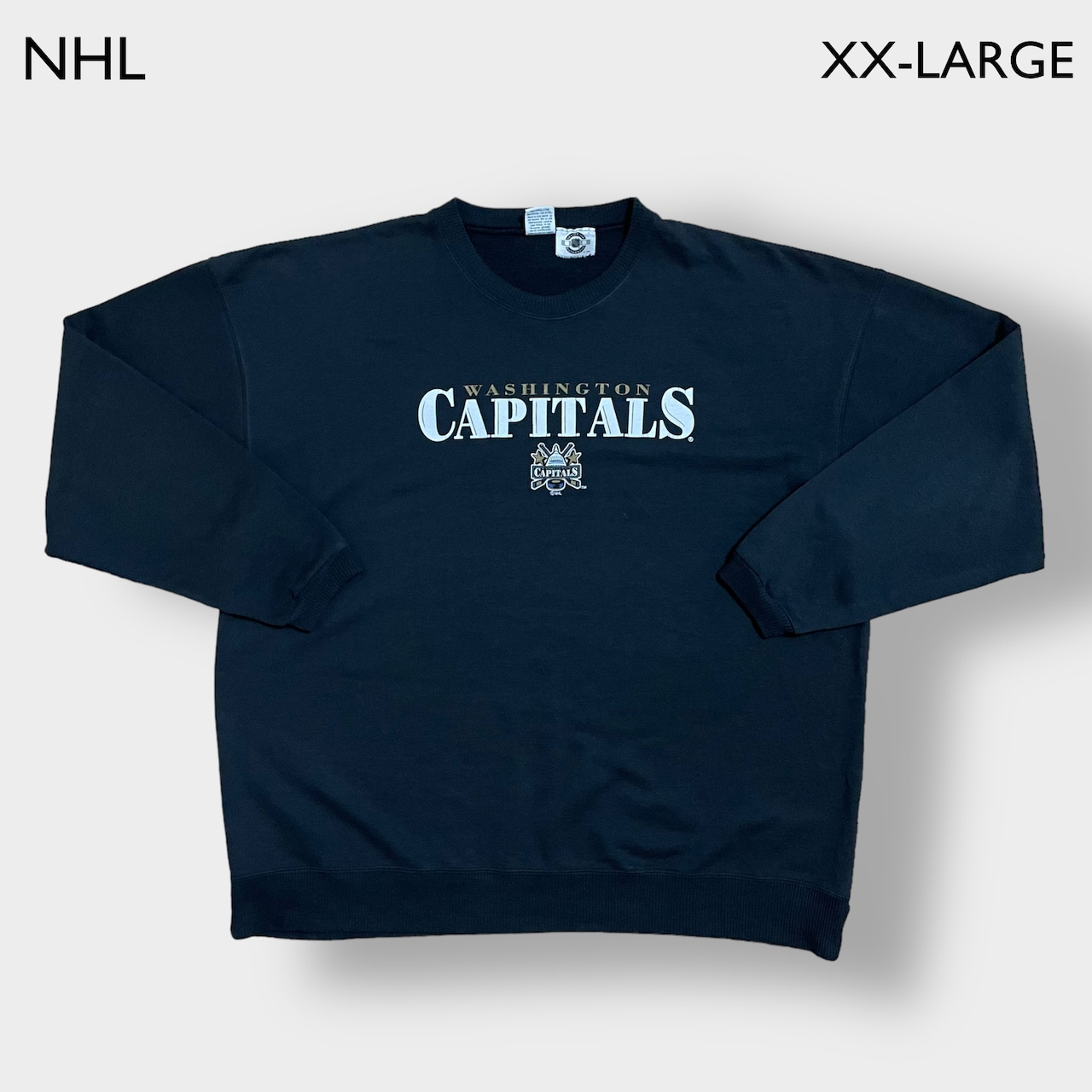 NHL カナダ製 ワシントン・キャピタルズ Washington Capitals スウェットシャツ トレーナー XXL ビッグシルエット ロゴ プリント クルーネック 黒 アイスホッケー プロチーム SWEATSHIRTS US古着