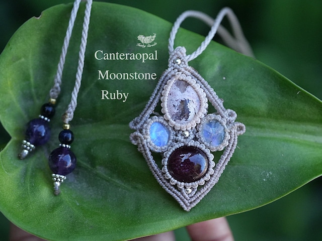 遊春の夢★moonstone★高品質★ルビー cantera opal マクラメネックレス1524