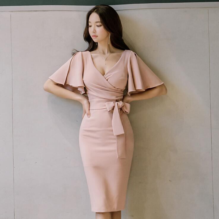 フレア袖ワンピ リボン カシュクール 2022春夏新作ワンピース