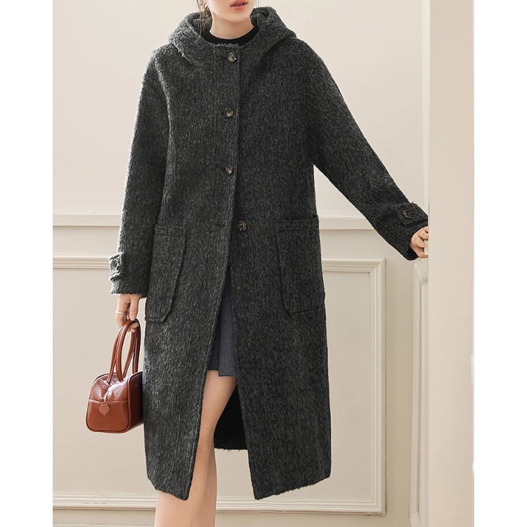 ボタンフロント マキシ丈 フード付き コート YH9794