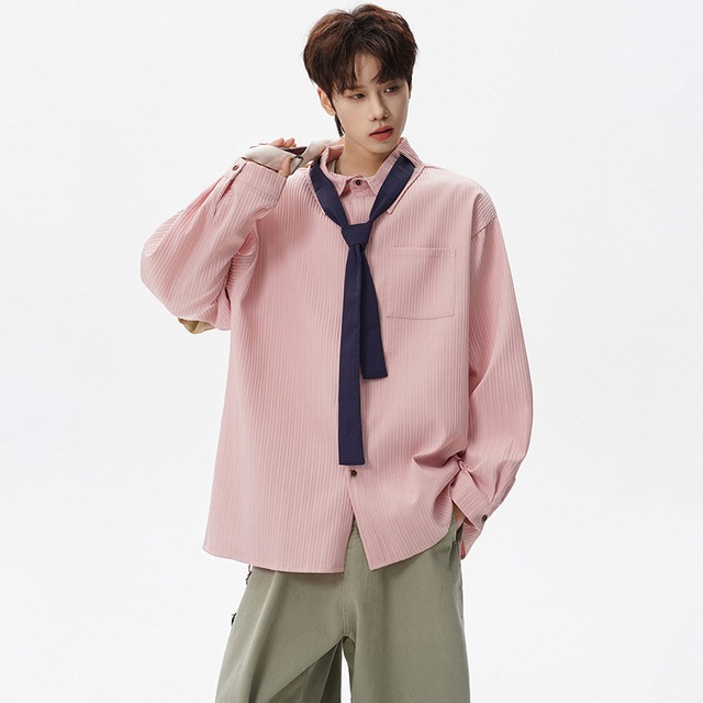 【V37シリーズ】★シャツ★ ユニセックス 3color ネクタイ付きシャツ 長袖シャツ 大きいサイズ